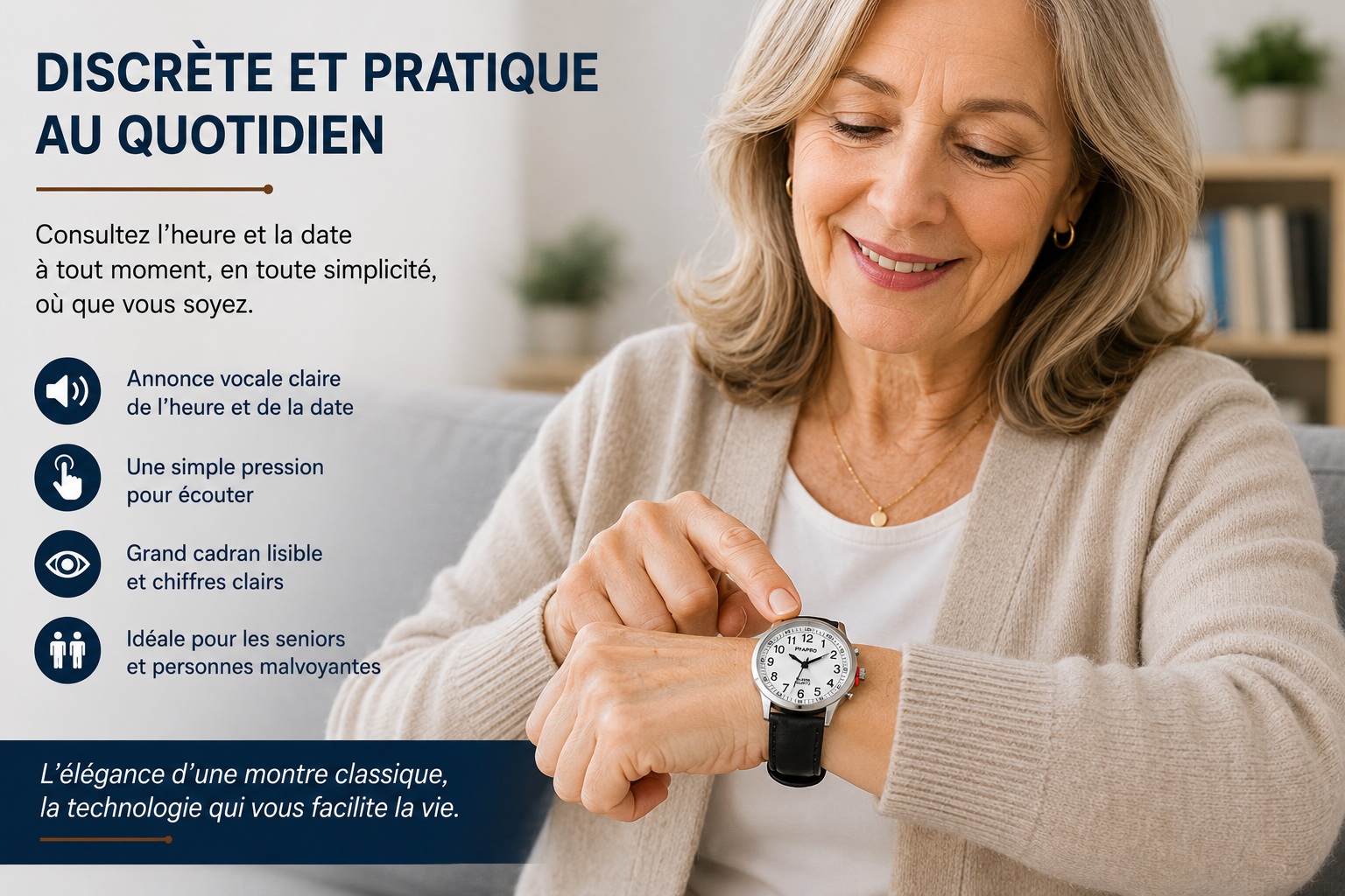 Montre parlante Touch Femme cuir noir